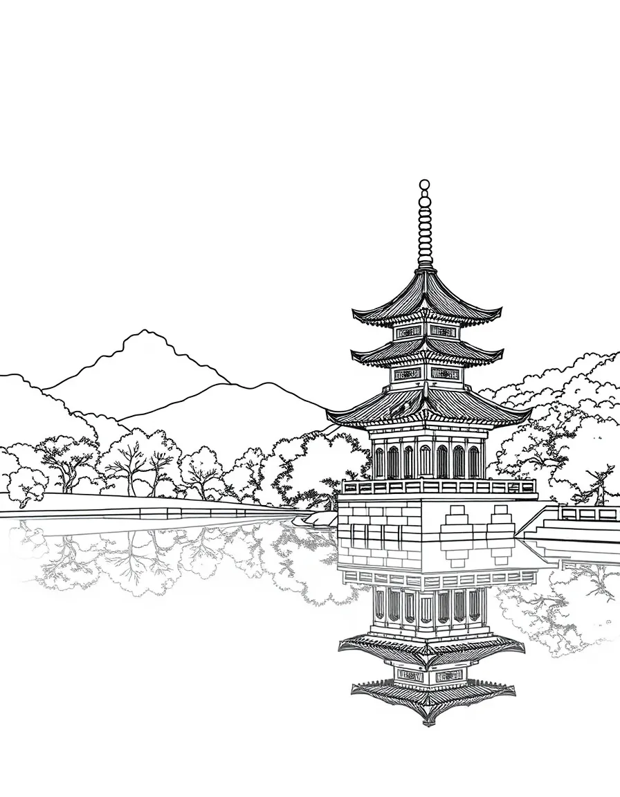 (China) A traditional pagoda tower by a lake in China