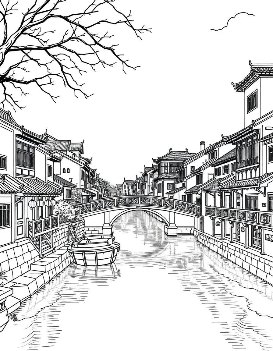 (China) A Chinese water town with old bridges and canals
