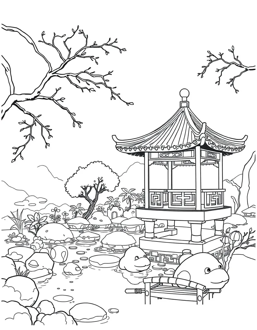 (China) A tranquil Chinese garden with a pavilion and pond