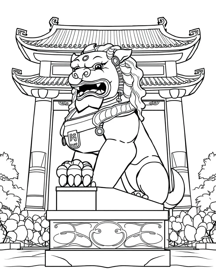 (China) A stone lion guardian statue that sits at temple gates