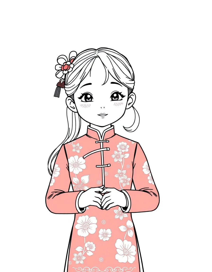 (China) A girl wearing a red cheongsam (qipao) dress