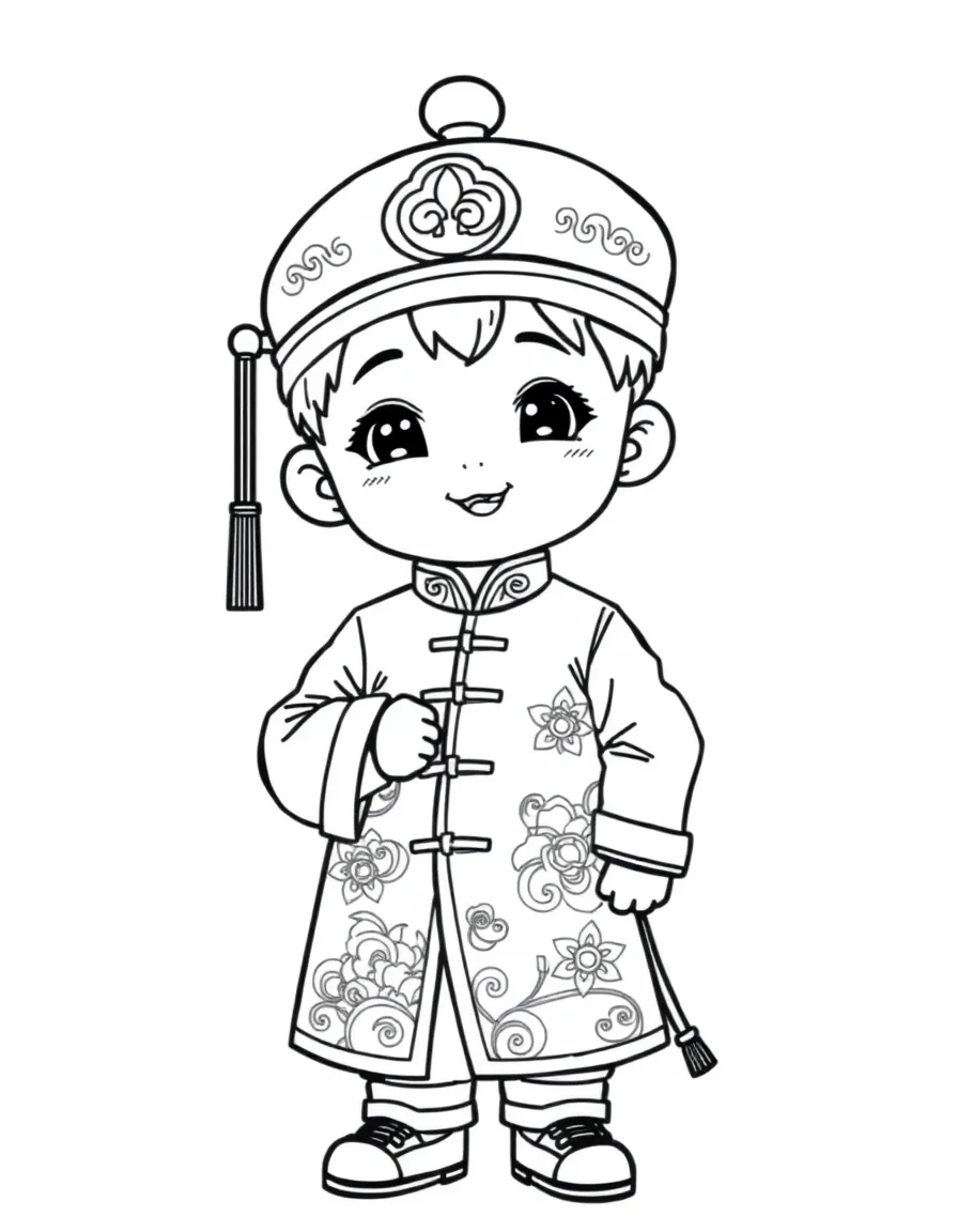 (China) A boy wearing a traditional tang suit and cap