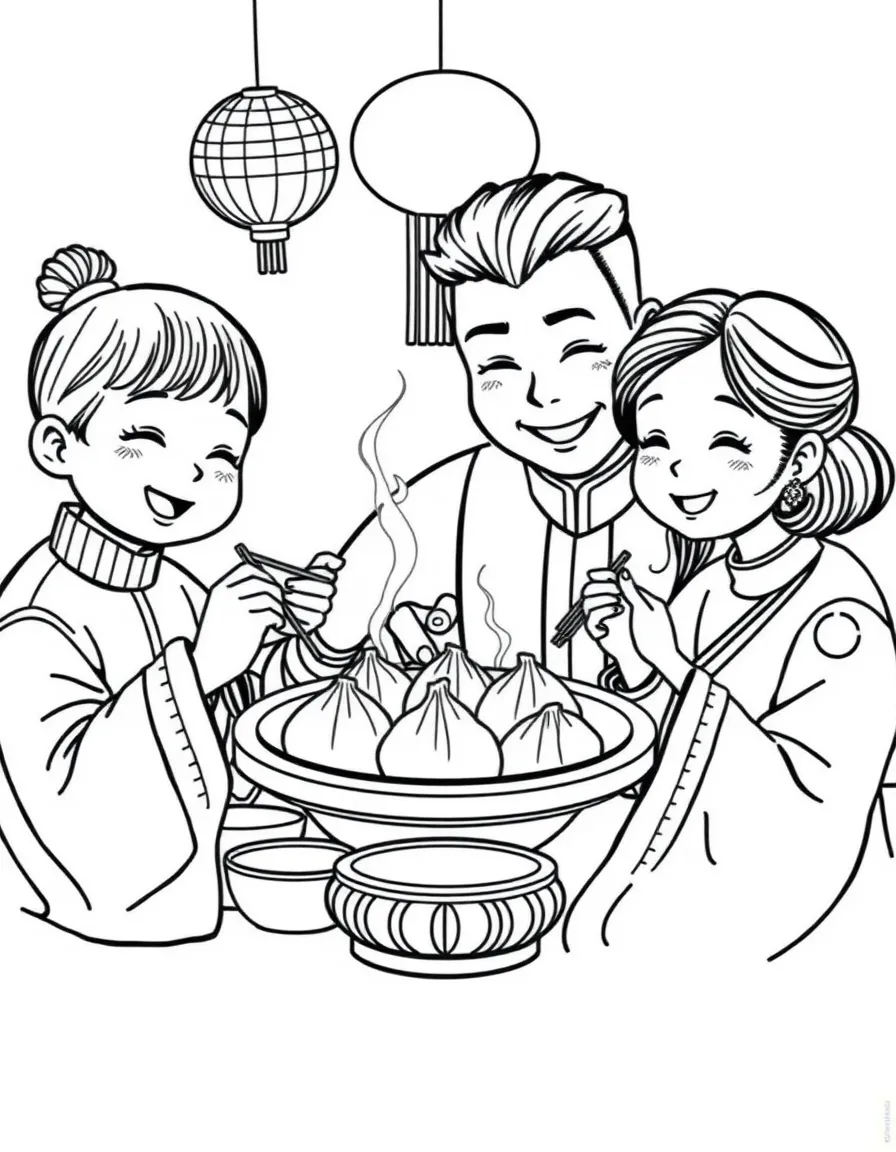 (China) A family eating dumplings together for Chinese New Year
