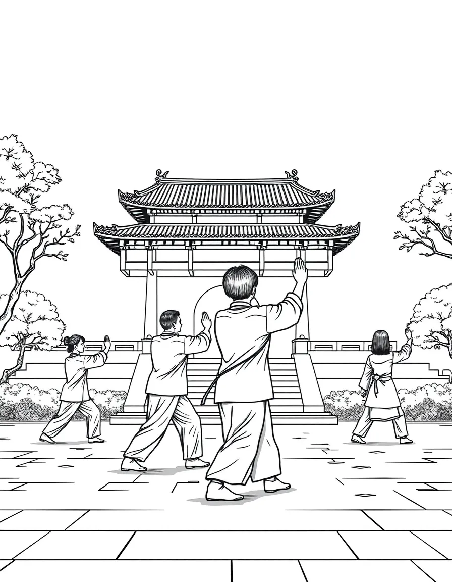 (China) A group of people practicing tai chi in a park