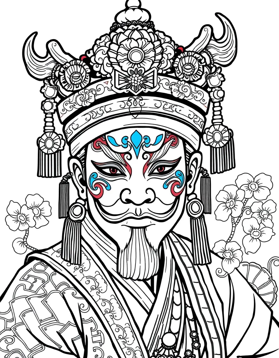 (China) A scene of a Chinese opera with an actor in colorful makeup and costume