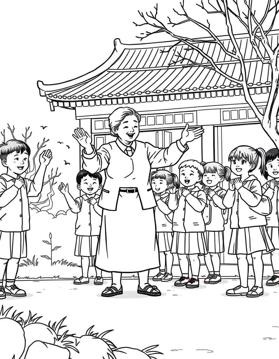 (China) A teacher and students doing morning exercises at school (common in China)