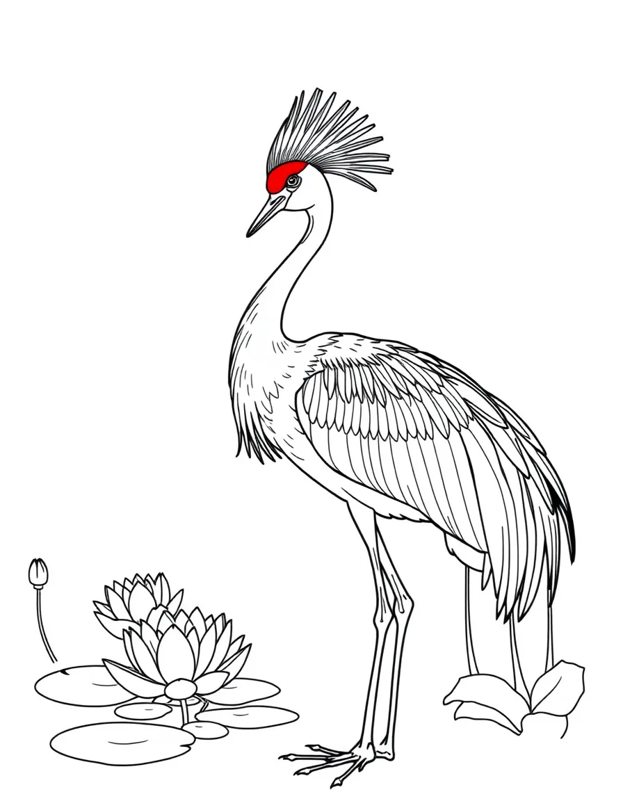 (China) A red-crowned crane standing by a lotus pond