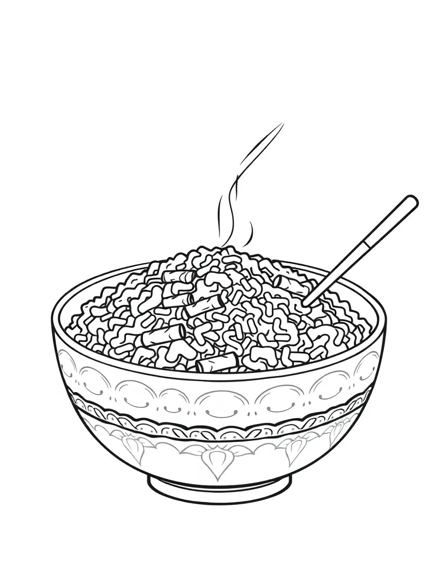 (China) A bowl of fried rice with vegetables and chopsticks