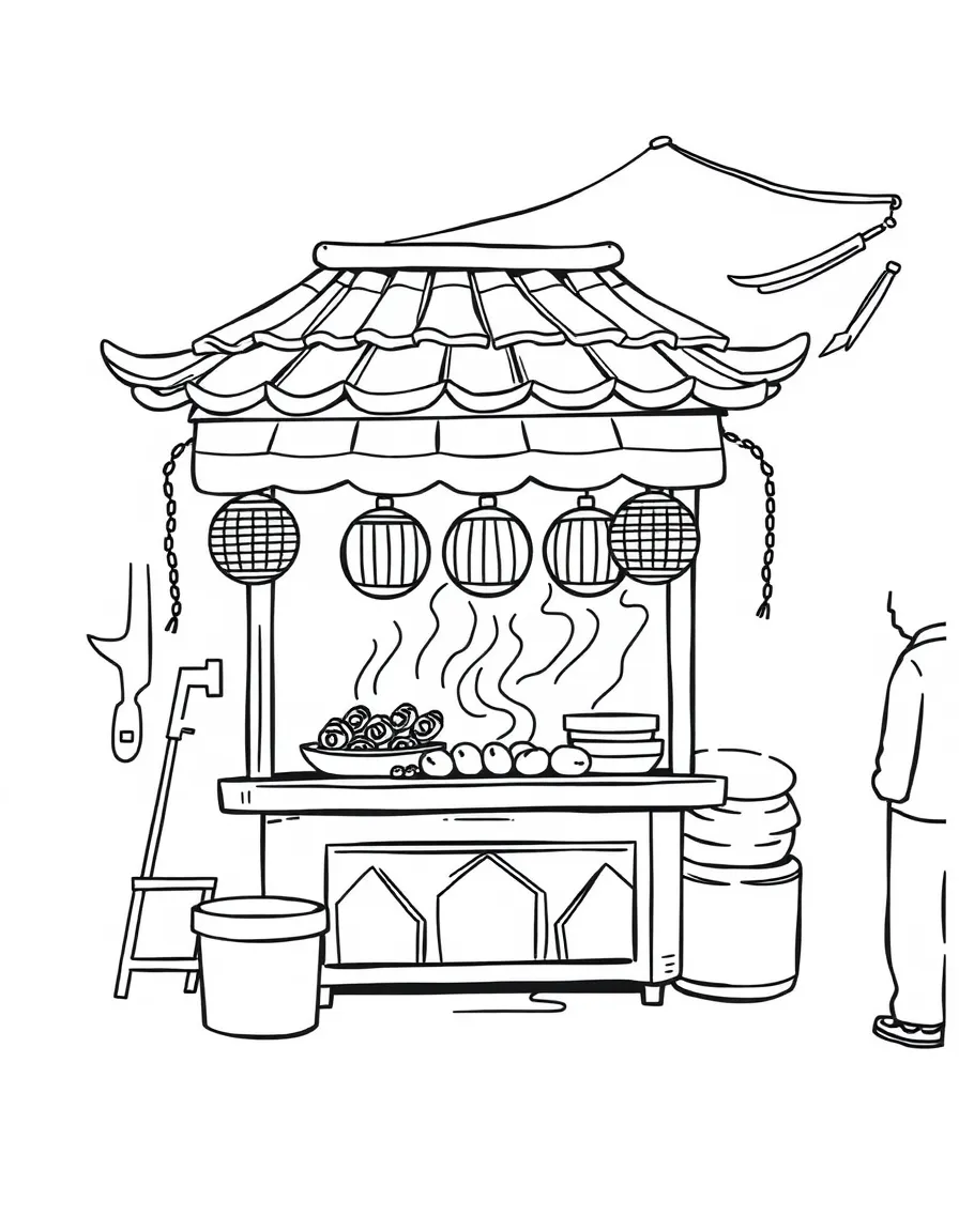 (China) A street food stall selling skewers or steamed buns