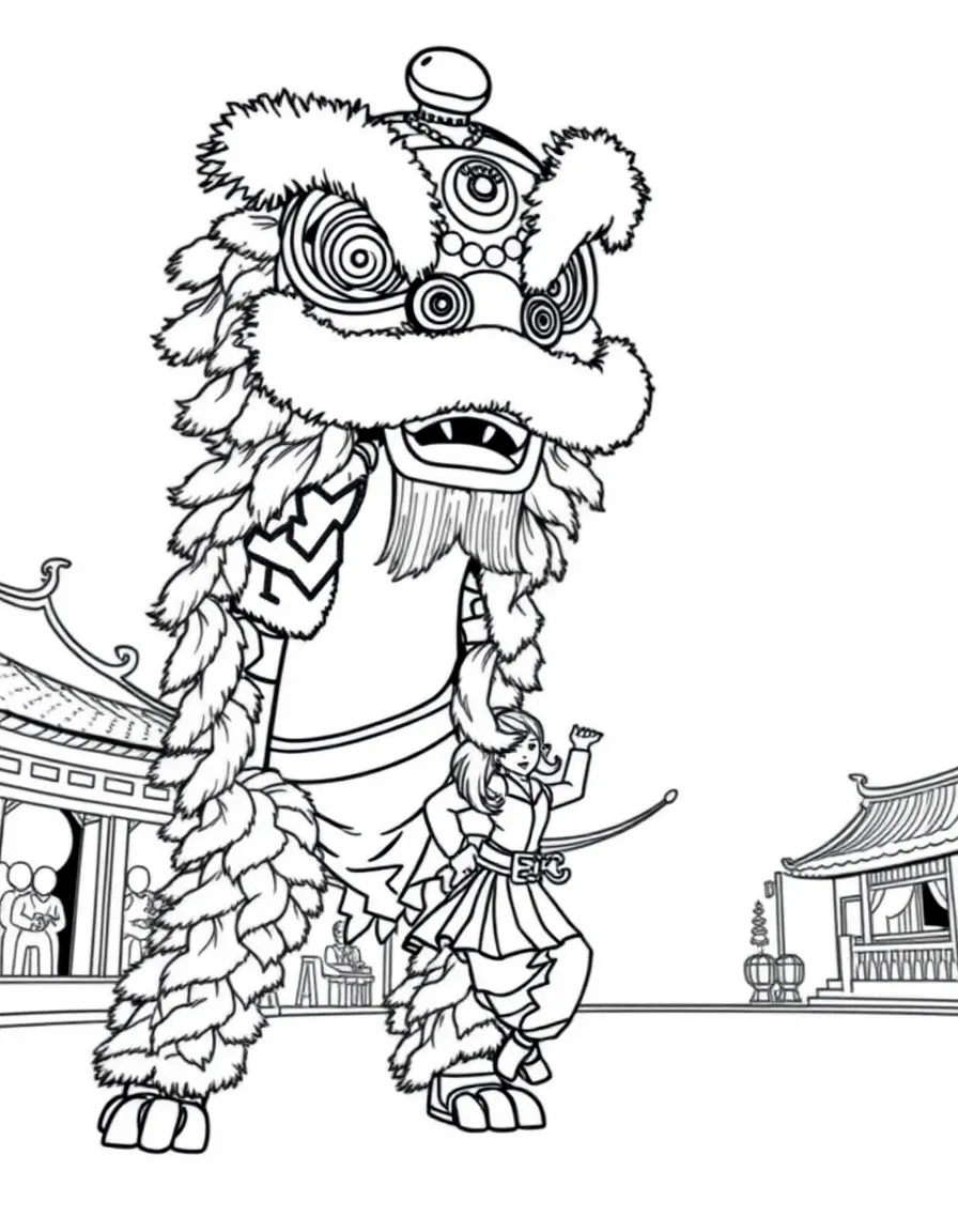 (China) A lion dance performance with two dancers under a lion costume