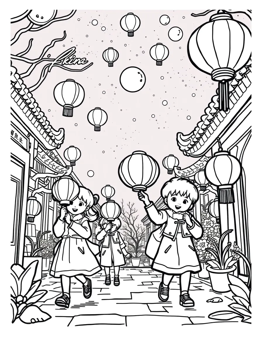 (China) Kids carrying lanterns during the Lantern Festival at night