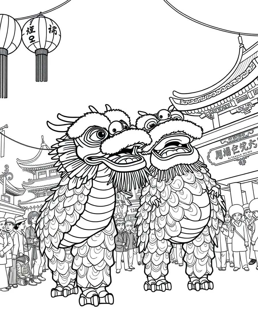(China) A Chinese New Year parade with dragon and lion dancers