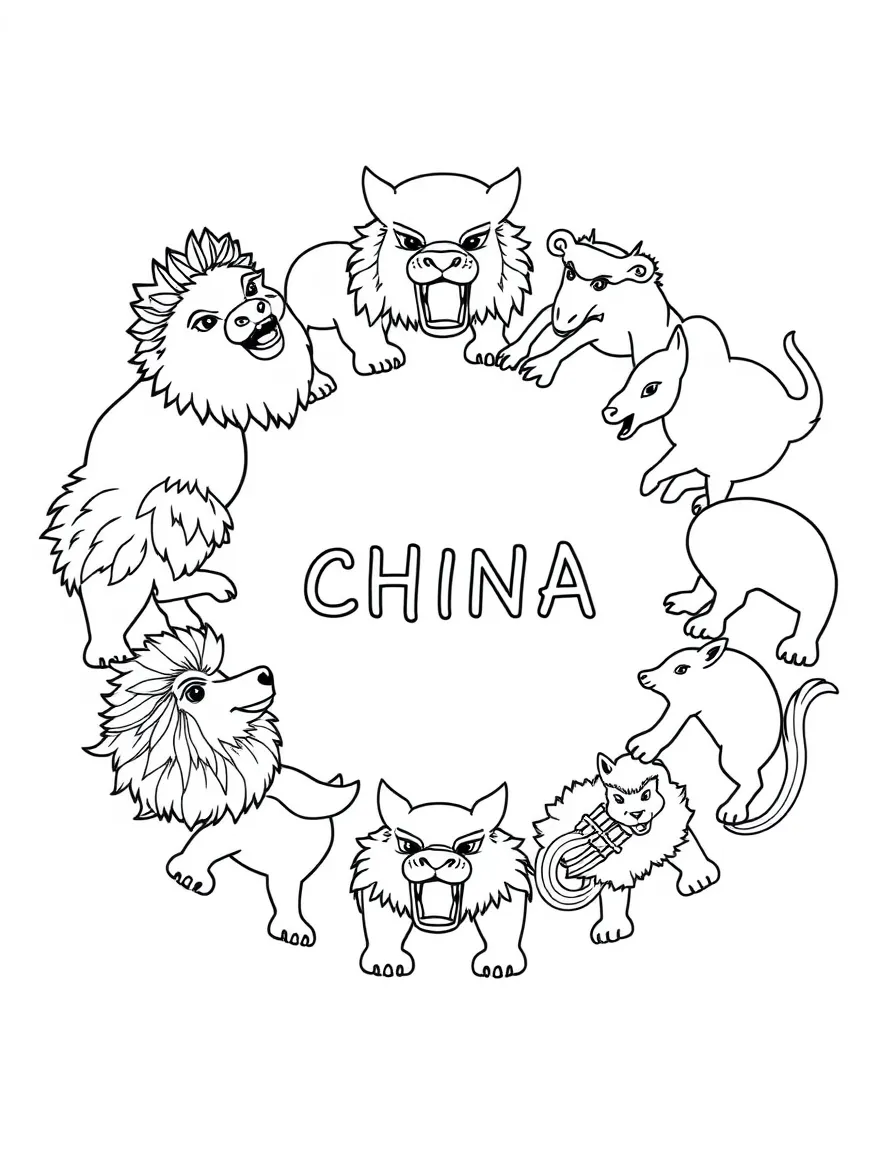 (China) The 12 Chinese zodiac animals arranged in a circle