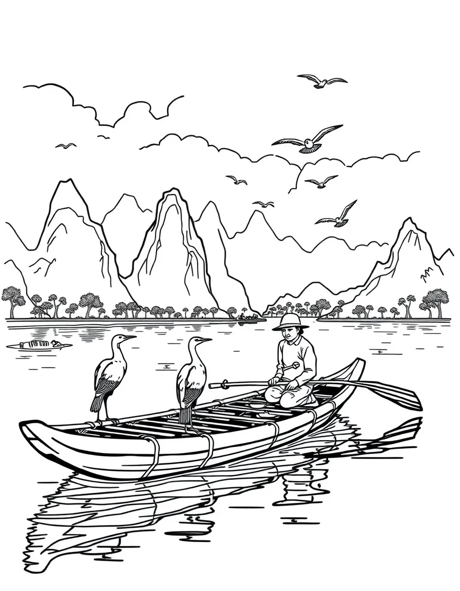(China) A fisherman on a bamboo raft with cormorant birds on the Li River (karst mountains in background)