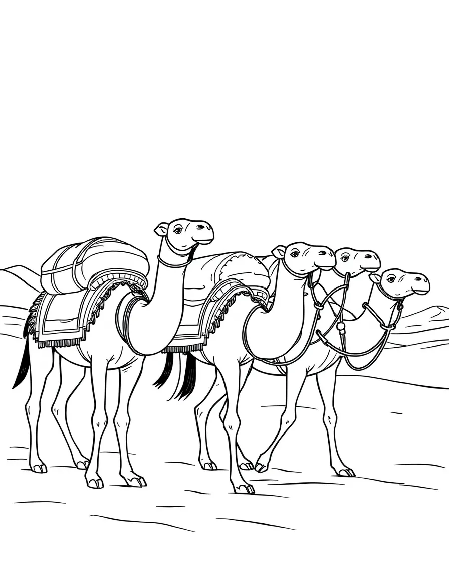 (China) Camels carrying goods on the Silk Road through the desert