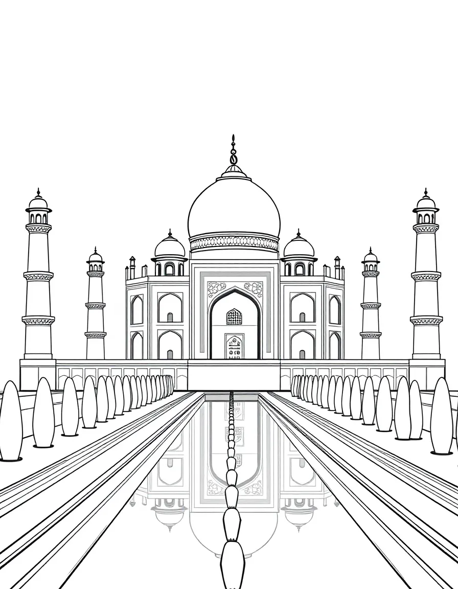 (India) The Taj Mahal in Agra with its white marble domes and reflecting pool