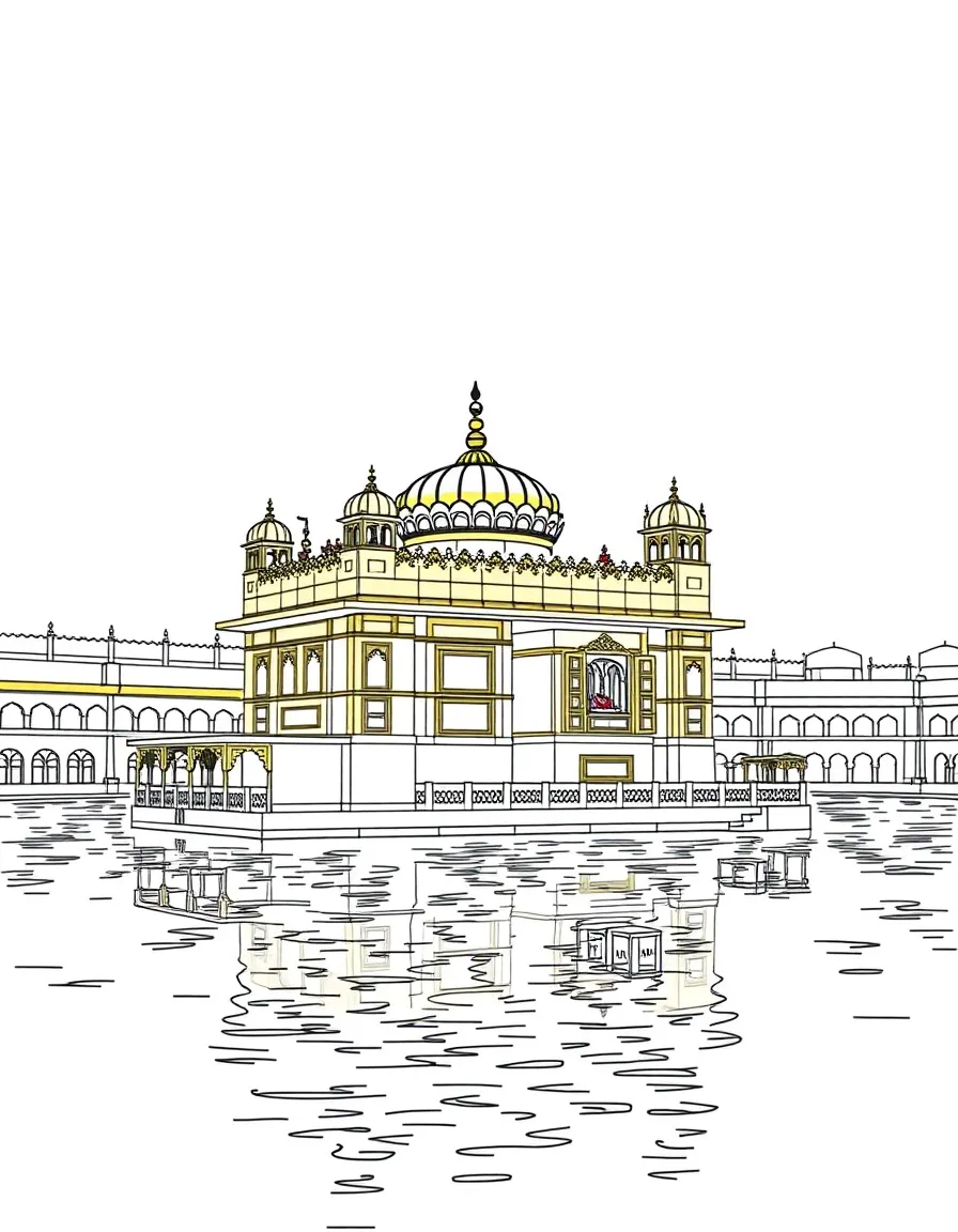 (India) The Golden Temple in Amritsar with its shining gold walls, surrounded by water