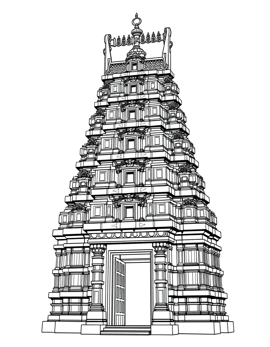 (India) A towering ancient temple gopuram (gateway tower) with carved details