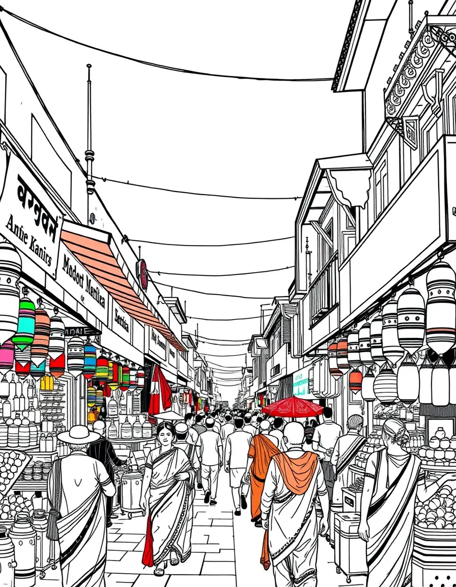 (India) A colorful street market bazaar full of shops and people