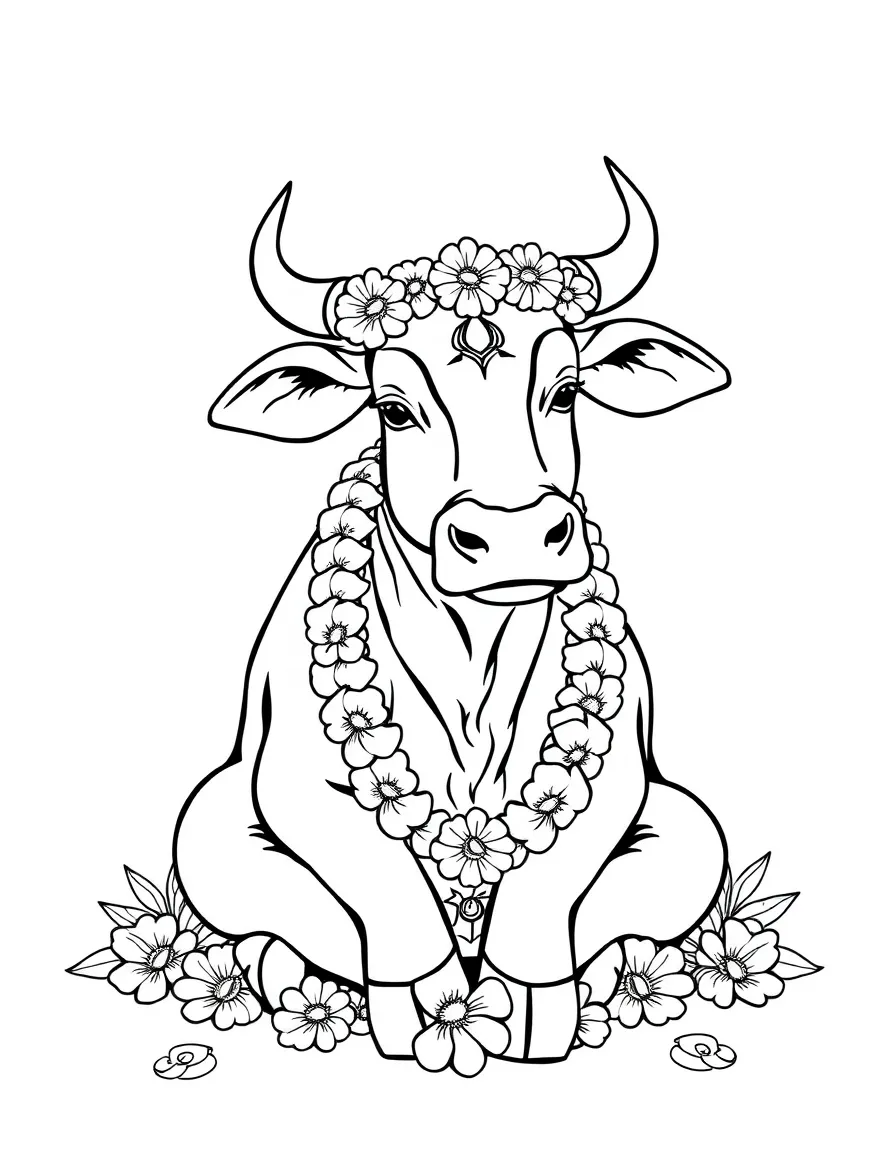 (India) A sacred cow sitting calmly decorated with a flower garland