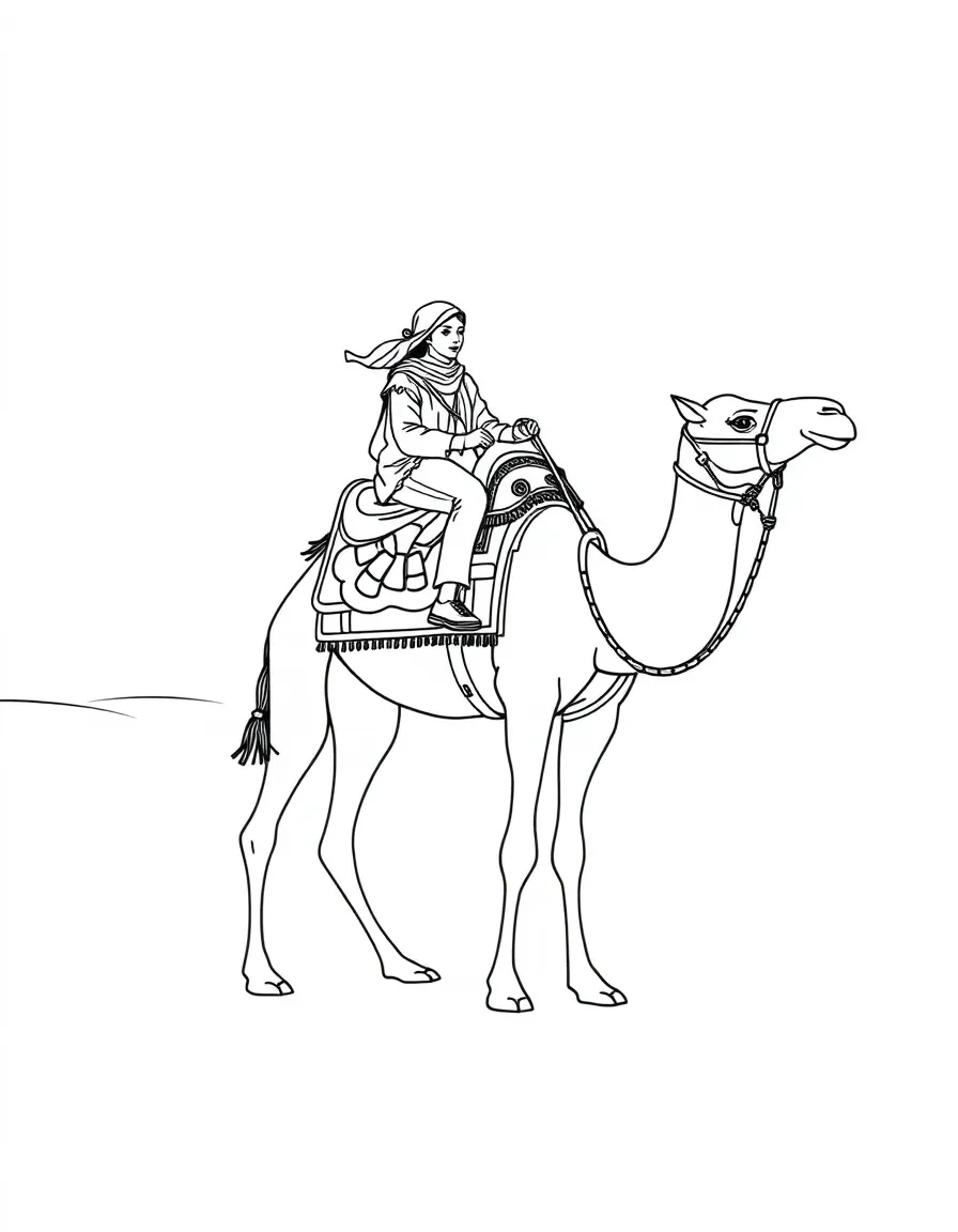 (India) A camel with a rider trekking in the Rajasthan desert