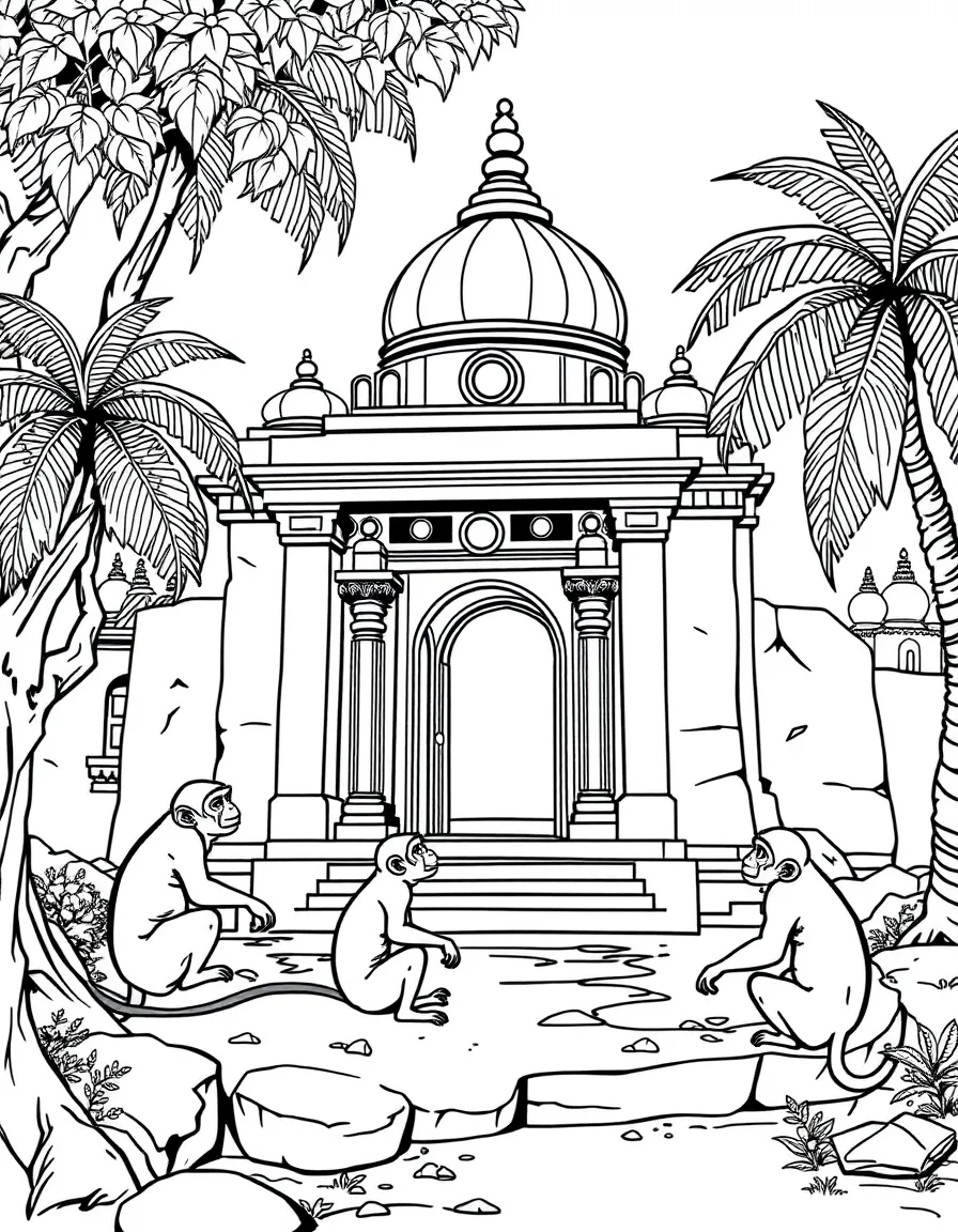 (India) A group of monkeys playing around an old temple