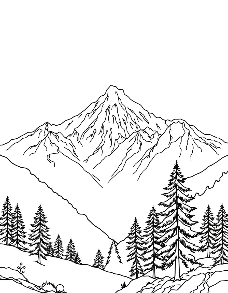 (India) The Himalayan mountains with snow peaks and pine trees