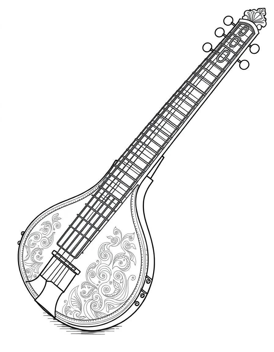 (India) A sitar (traditional Indian musical instrument) with strings