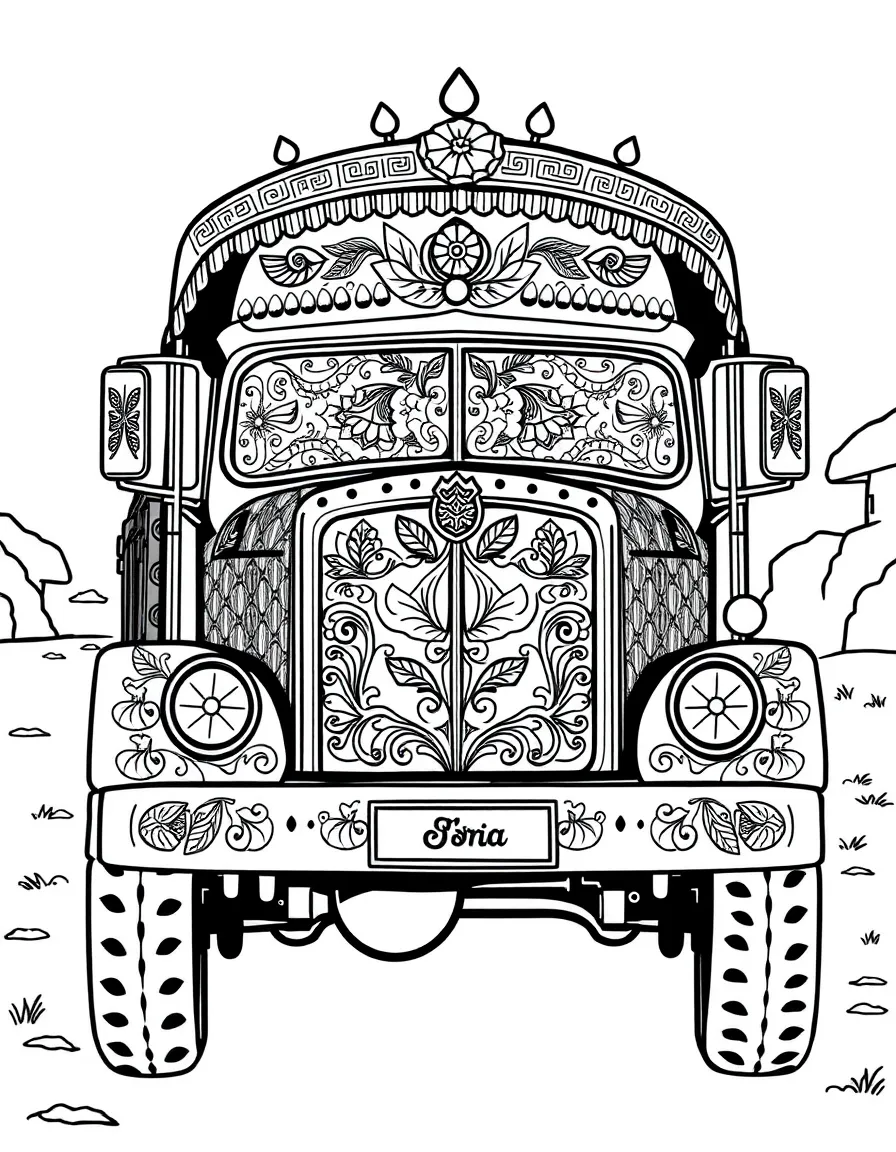 (India) A decorated truck with vibrant folk art (Indian truck art)