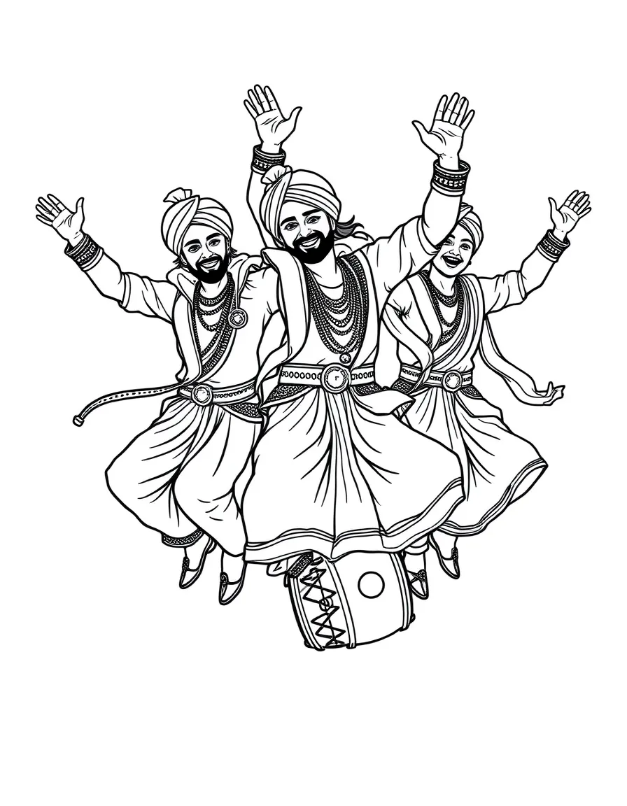 (India) Punjabi bhangra dancers jumping with excitement and dhol drum
