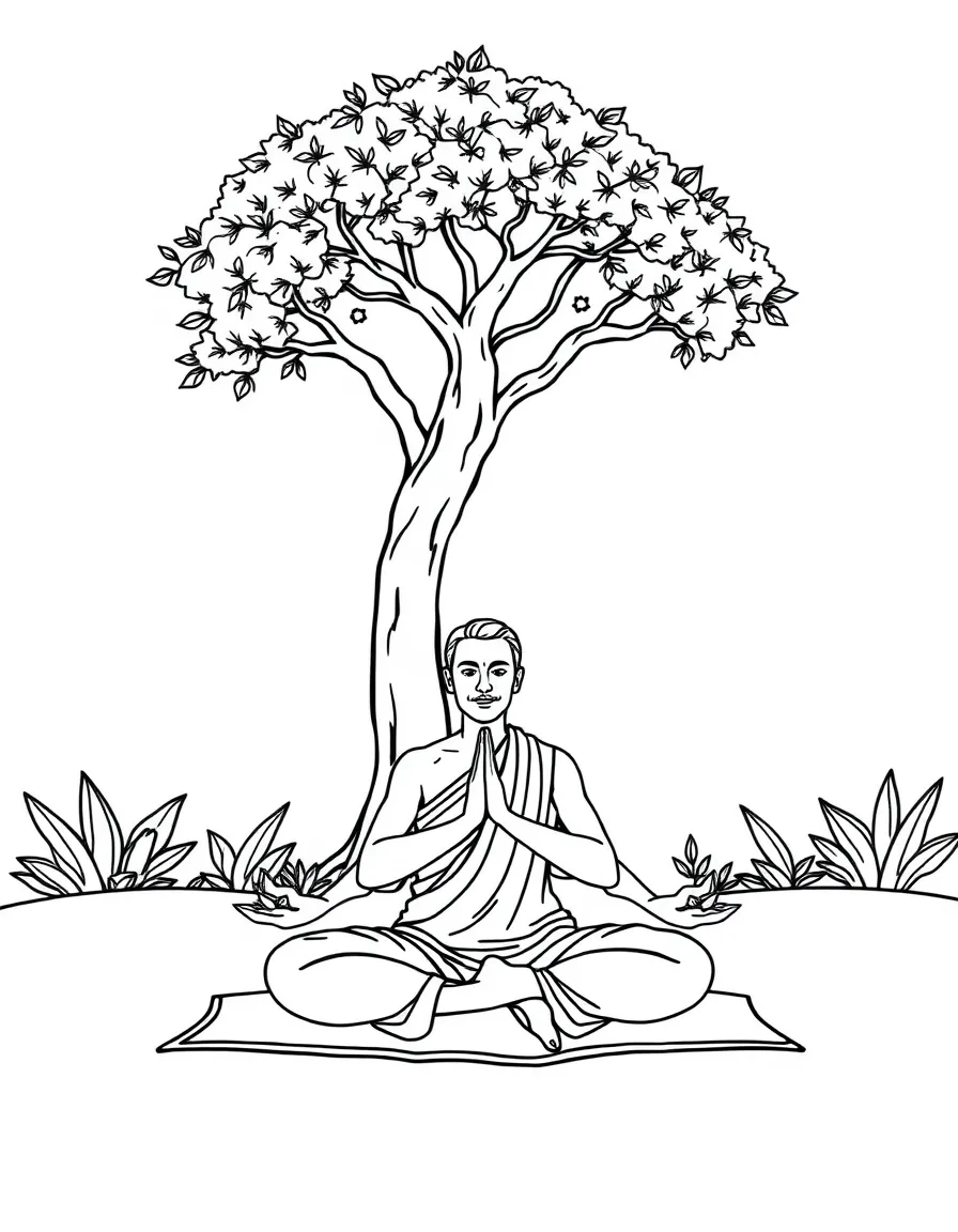 (India) A yoga instructor sitting in meditation pose under a tree