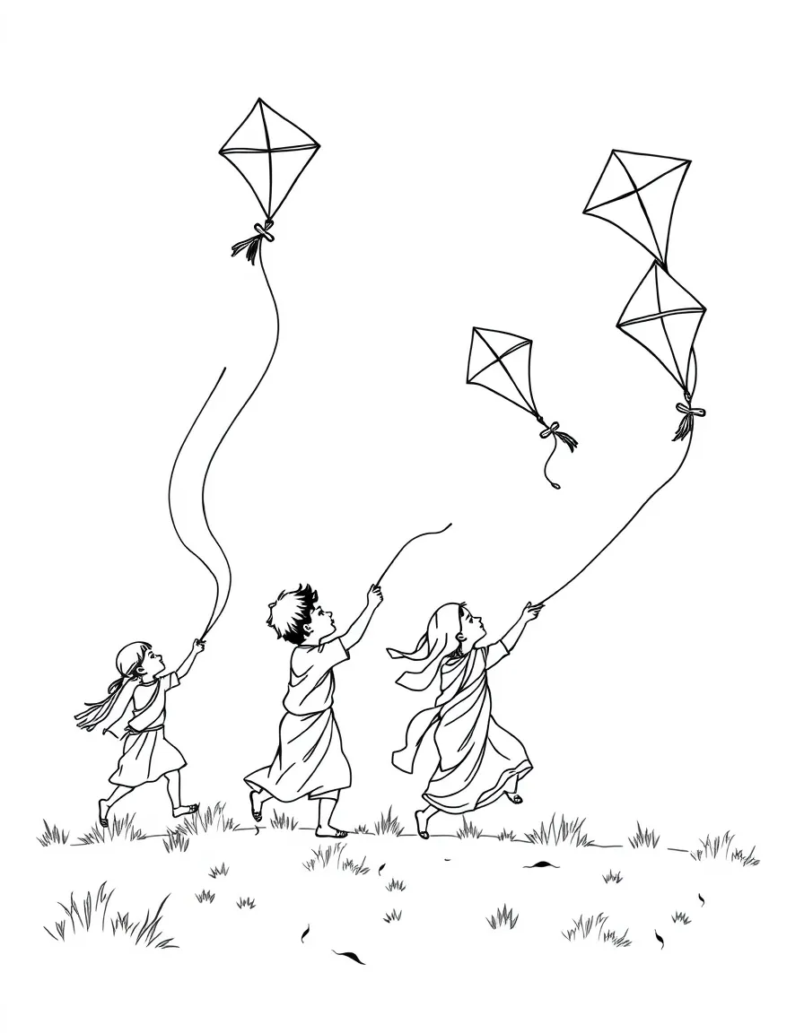 (India) Children flying kites during the kite festival (Makar Sankranti)