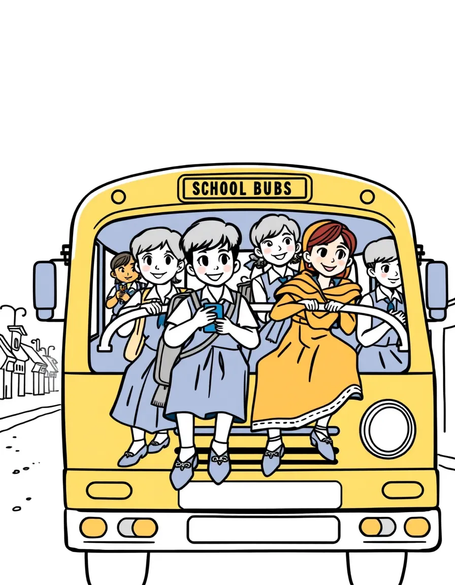 (India) School children in uniform riding on a big yellow school bus (in India, some are colorful)