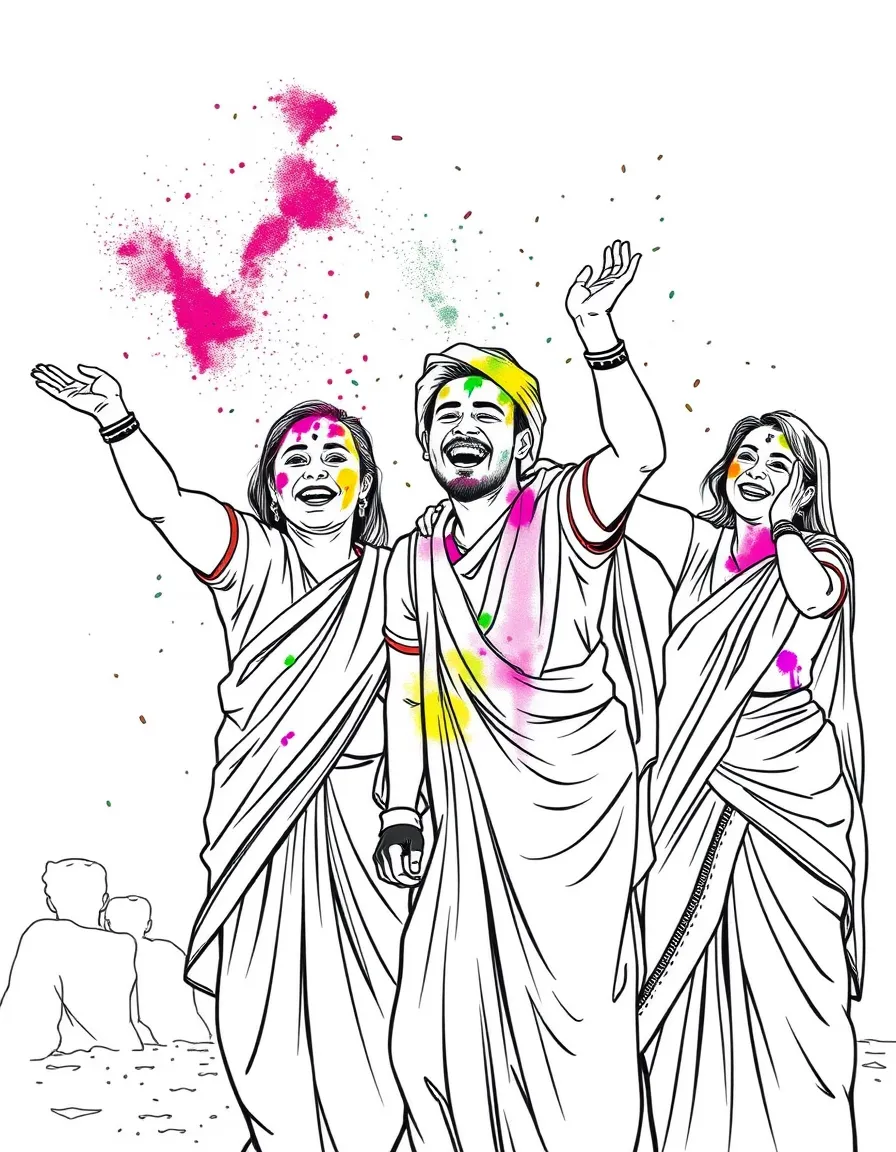 (India) People throwing colored powder during Holi festival, laughing and playing