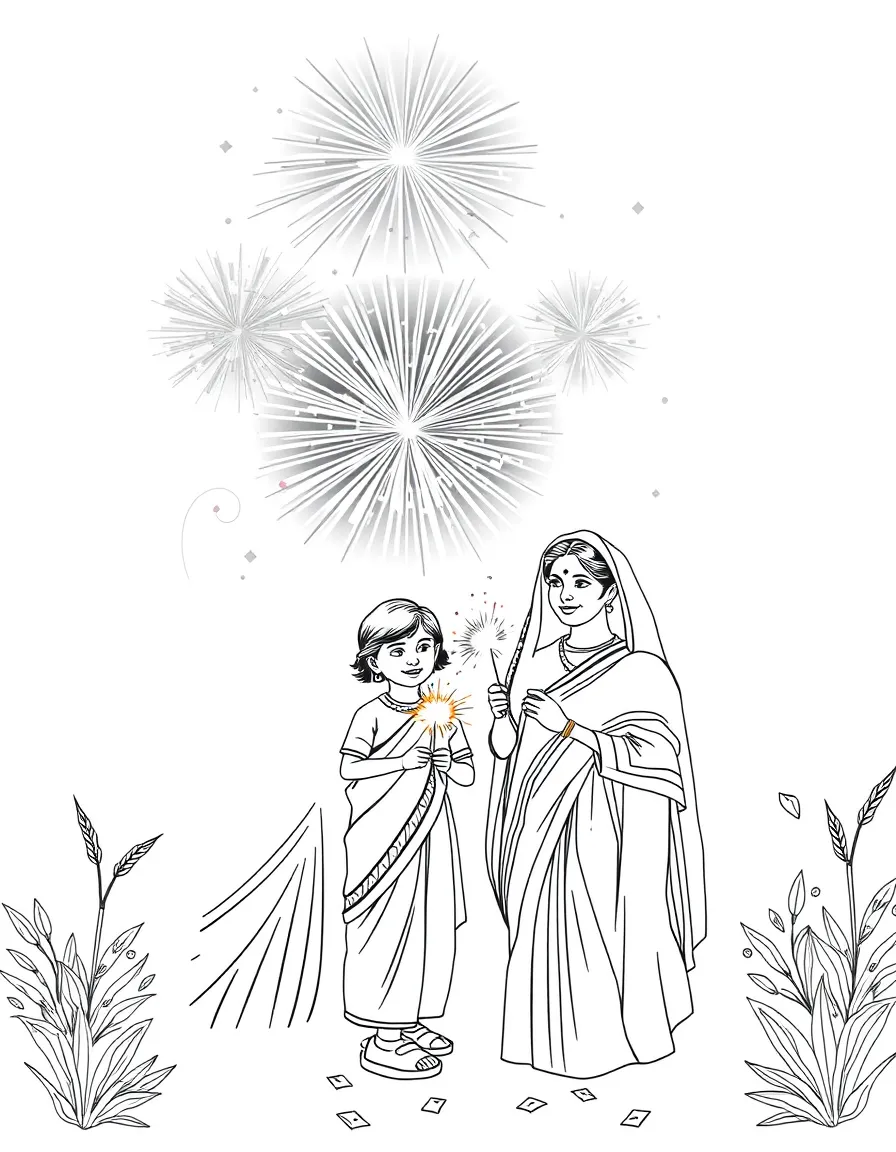 (India) Families lighting sparklers and fireworks for Diwali night