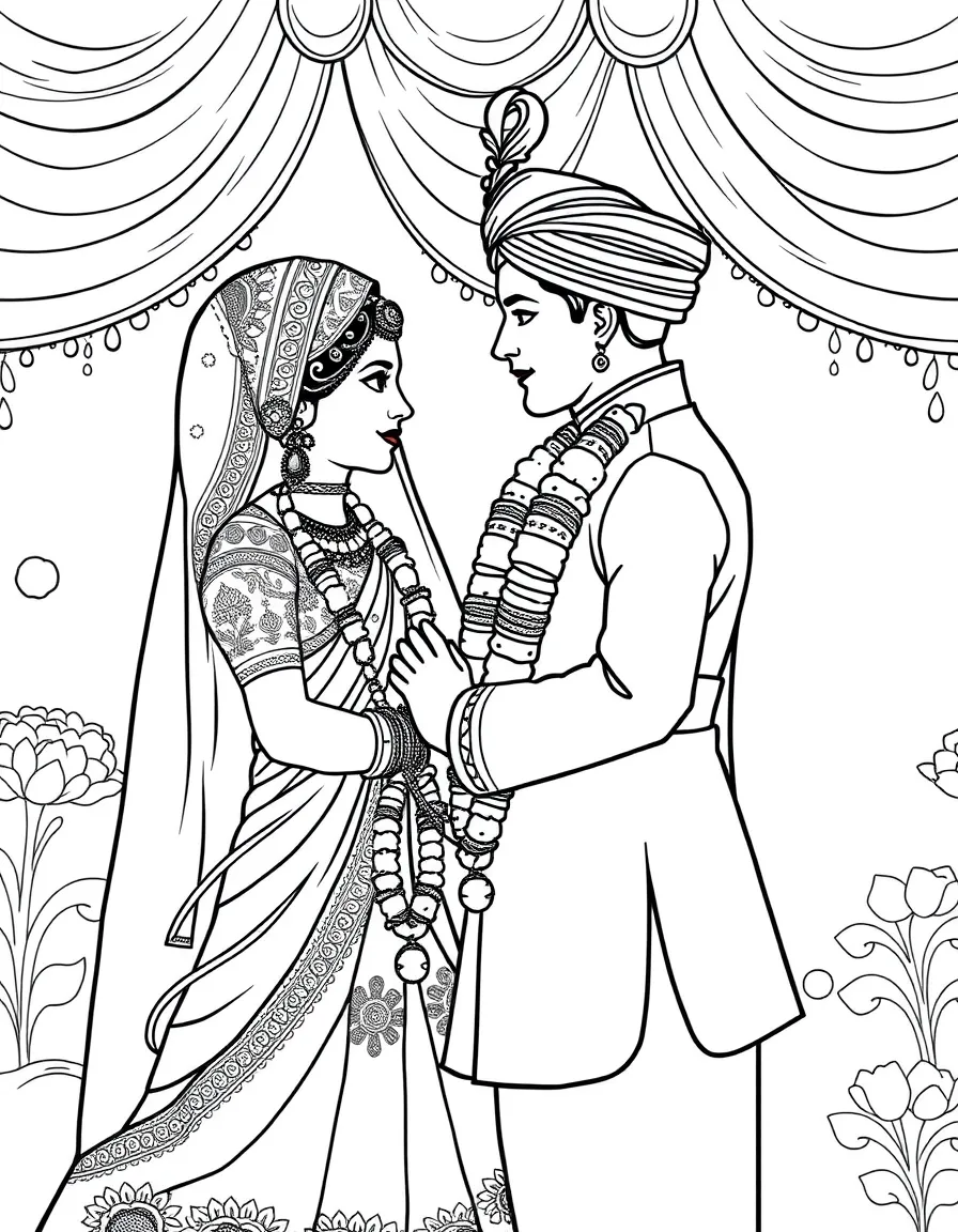 (India) A wedding scene with a bride and groom in traditional Indian wedding attire