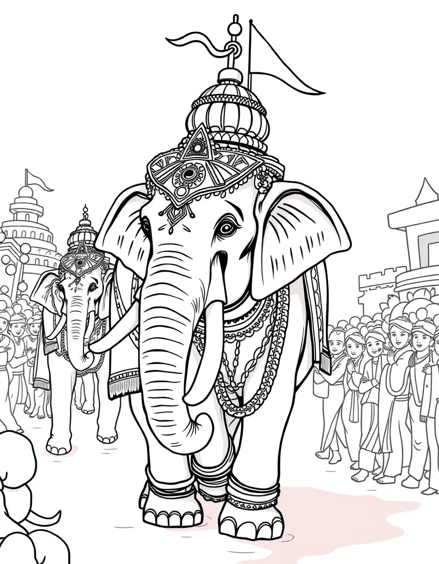 (India) An elephant parade during a festival, with the elephant draped in gold and silk