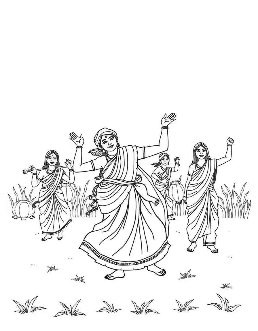 (India) A harvest festival scene with farmers dancing and celebrating (like Pongal or Baisakhi)