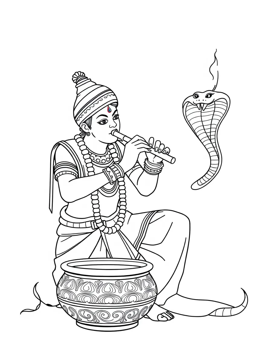 (India) A snake charmer playing a flute with a cobra rising from a basket