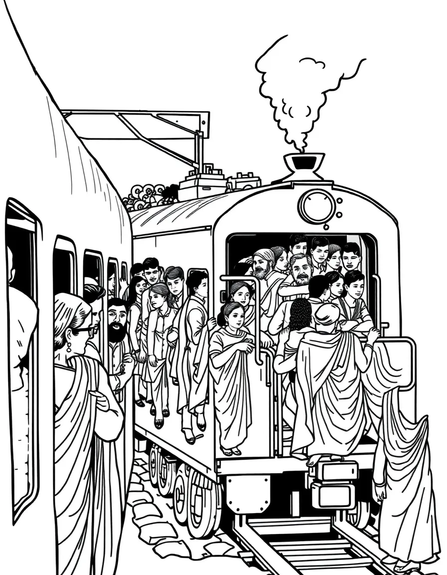 (India) A crowded Indian train with people peeking out (showing busy transport in India)