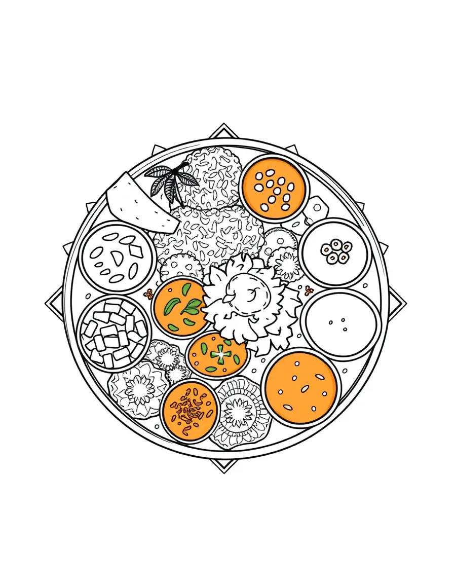 (India) A thali platter with various Indian dishes (rice, bread, curries, etc.)