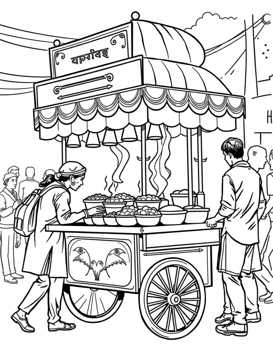 (India) A street food cart selling spicy snacks (chaat) to people