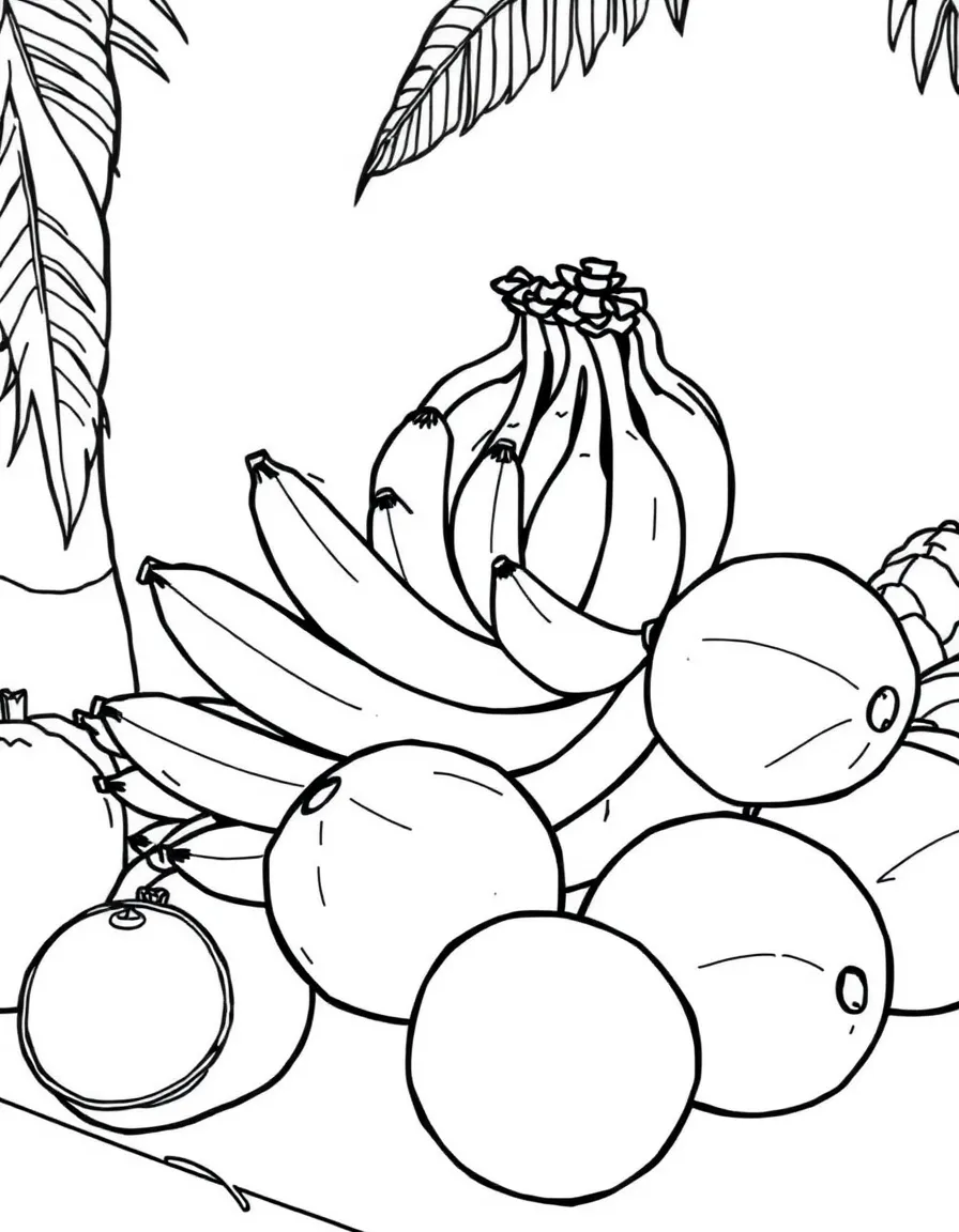 (India) A bunch of bananas and coconuts at a fruit stall (tropical fruits of India)
