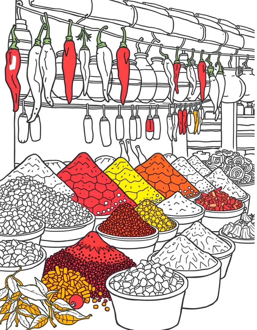 (India) A spice market stall with heaps of colorful spices and chili peppers