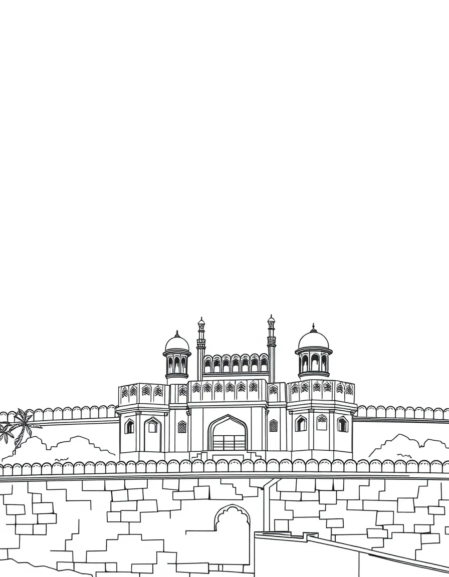 (India) The Red Fort in Delhi with its high red stone walls