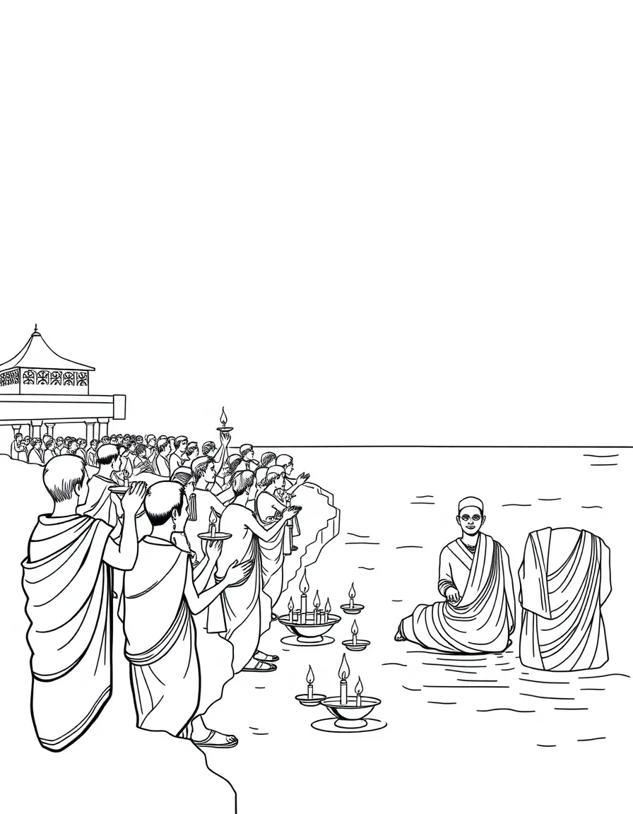 (India) People holding lamps on the Ganges River ghats during a prayer ceremony (Ganga Aarti)