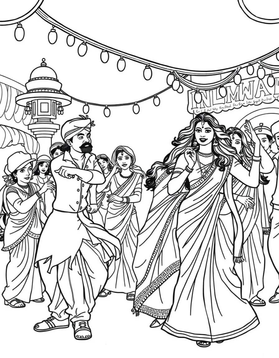 (India) Actors and actresses dancing in a vibrant Bollywood movie scene