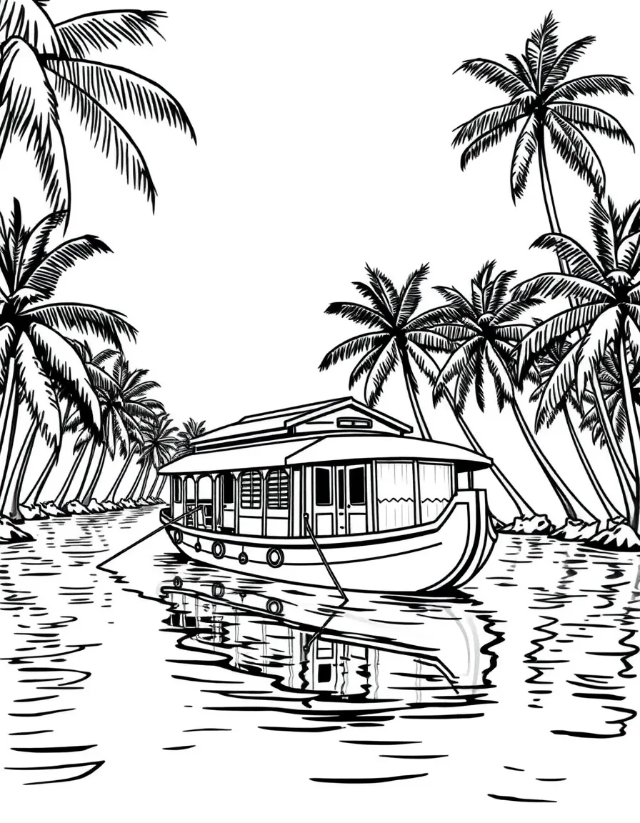 (India) A traditional houseboat on the Kerala backwaters surrounded by palm trees