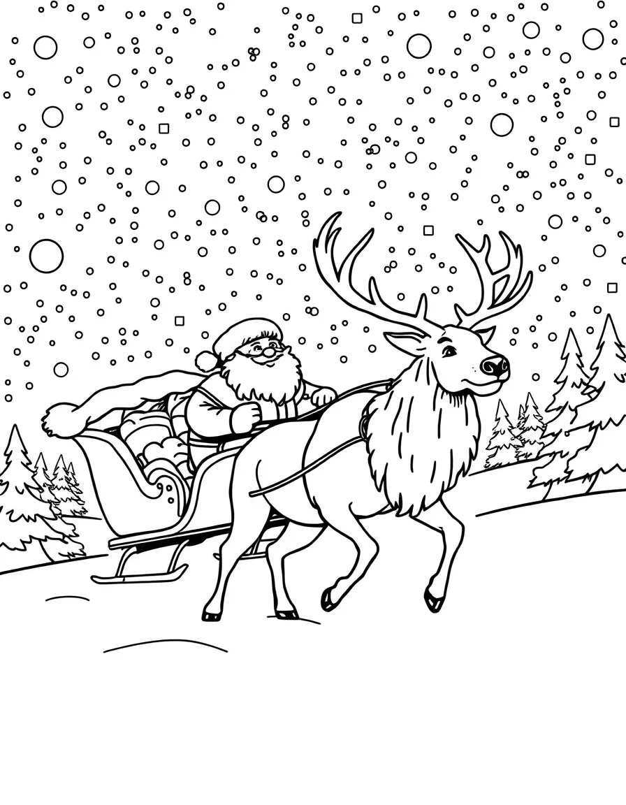 (Finland) A reindeer pulling Santa’s sleigh across a snowy Lapland night sky.