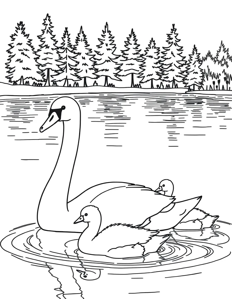 (Finland) A whooper swan swimming with its cygnets on a tranquil lake.